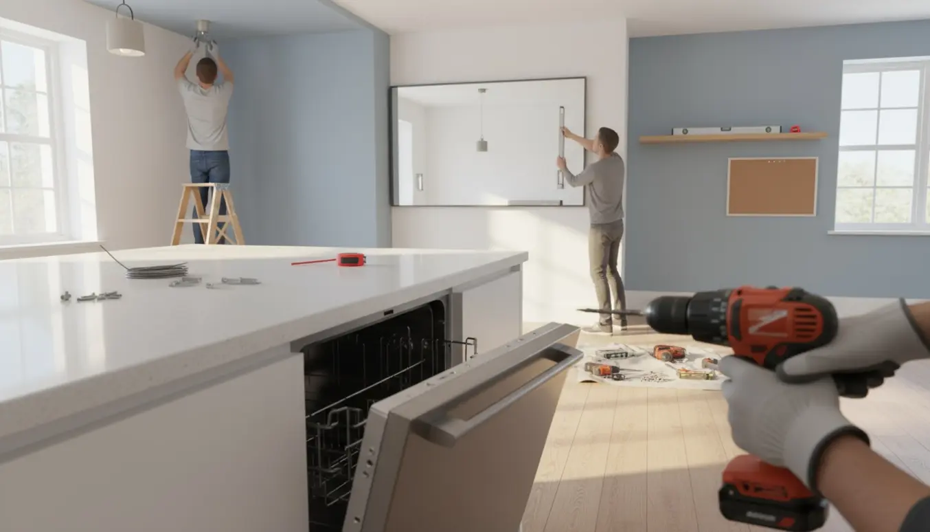 Hænder bruger slagboremaskine og værktøj til at montere opvaskemaskinedør, lampe, spejl, hylde og opslagstavle i et lyst hjem.