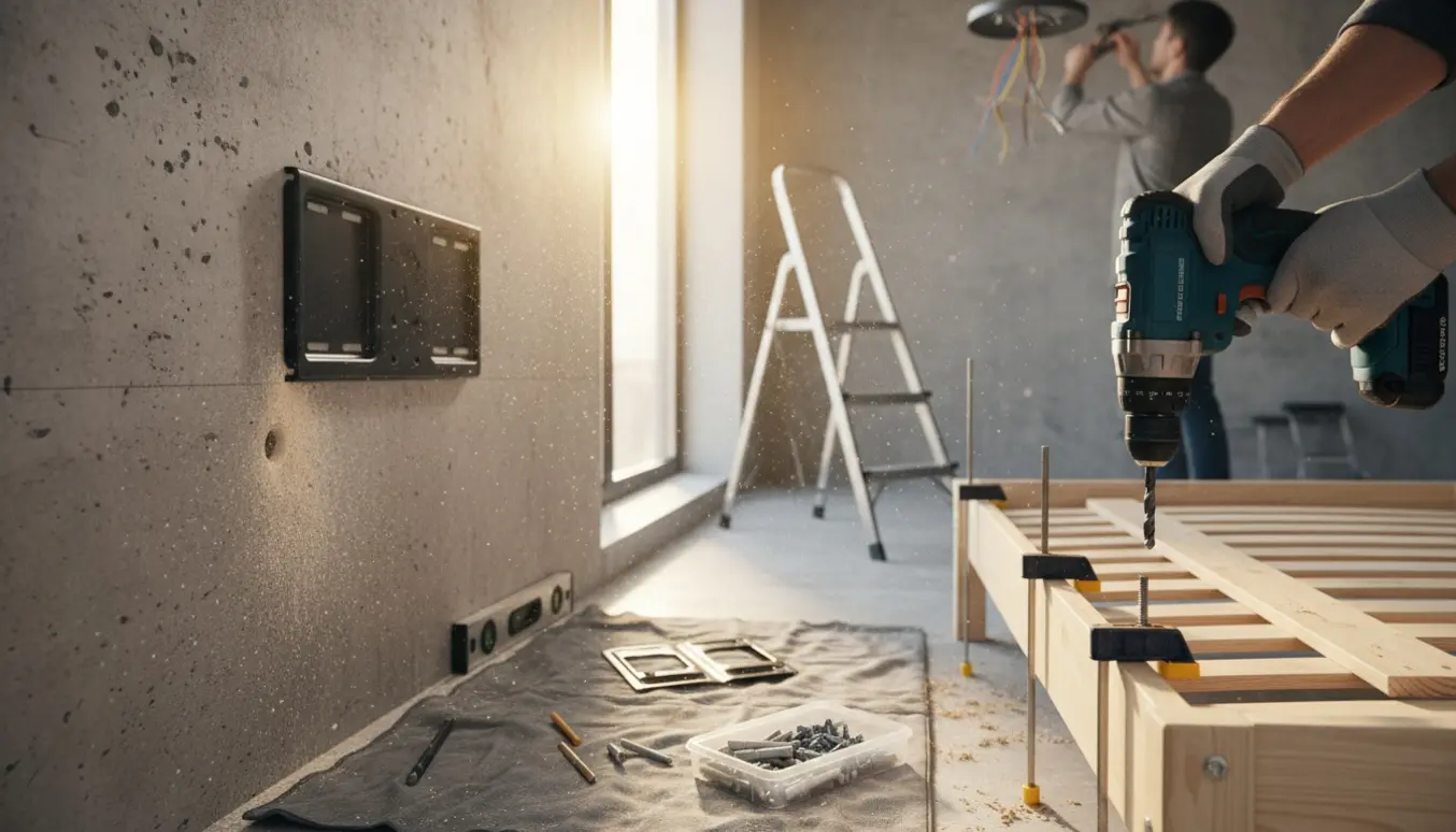 Nærbillede af bore- og monteringsarbejde: boremaskine i betonvæg til tv-beslag, loftsinstallation med lampe og brædder skruet på sengeramme.