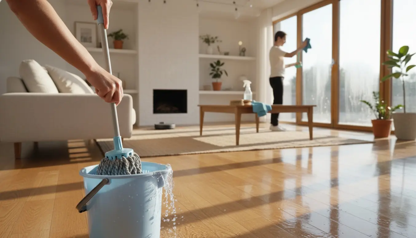 Rummeligt, lyst hjem hvor hænder vasker gulvet med moppe og pudser vinduer med mikrofiberklud.