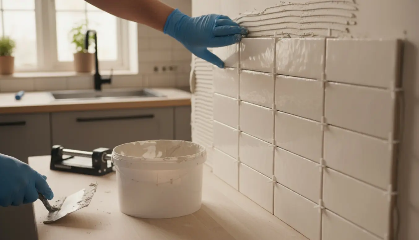 Nærbillede af hænder, der sætter keramiske fliser op i hjørnet af et køkken, med værktøj og vindueslys i baggrunden.