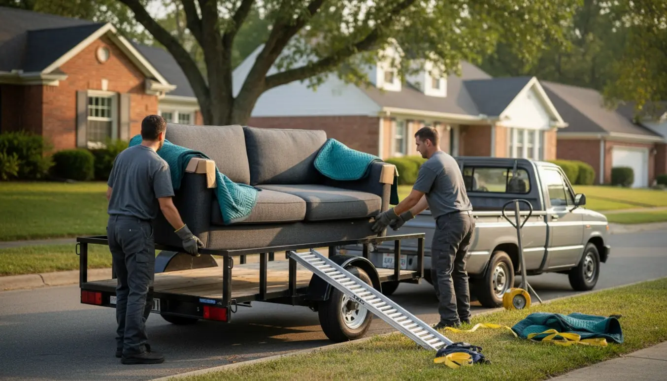 En sofa læsses på en lille trailer med flyttetæpper og udstyr på en stille villavej.