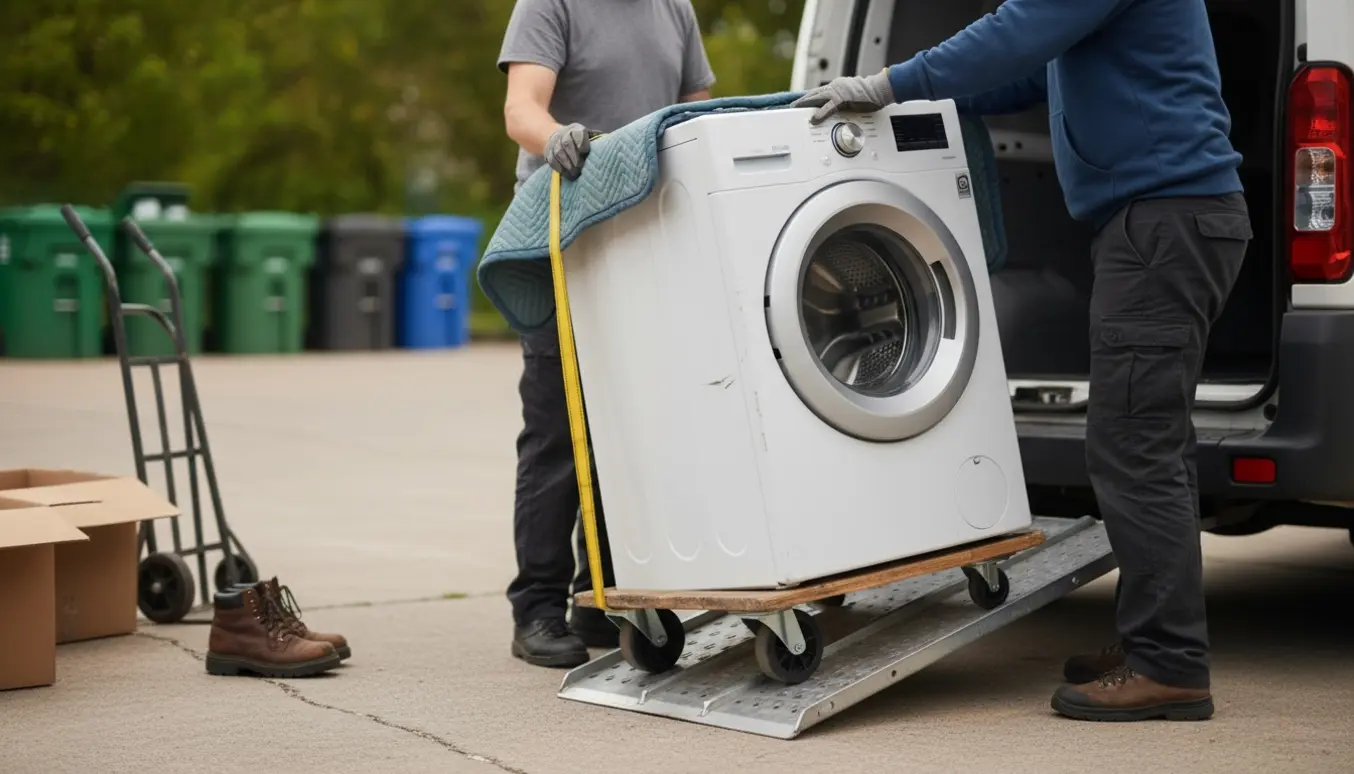 En brugt vaskemaskine læsses på en varebil i indkørslen med hjælp fra to personer, klar til genbrug.
