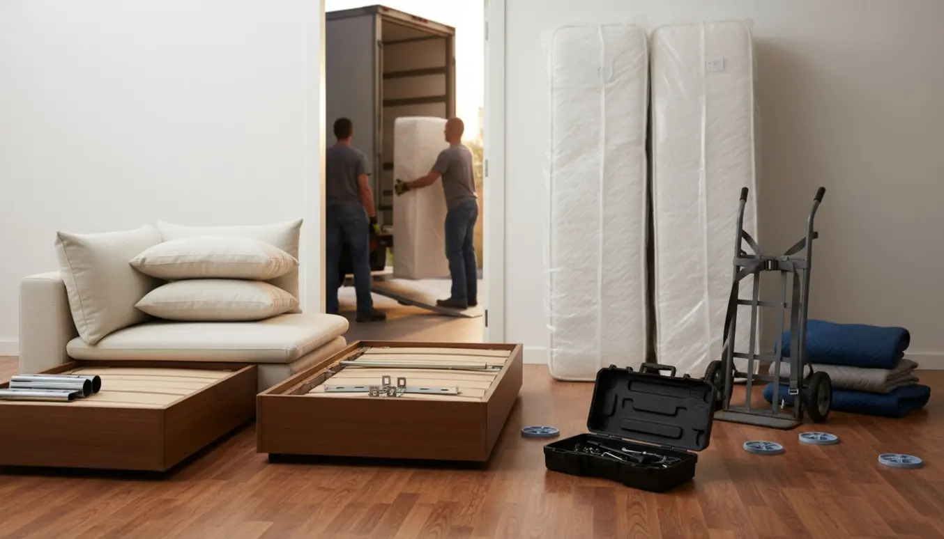 Dissekeret sofa og to indpakkede boksmadrasser ved en åben dør klar til flytning.