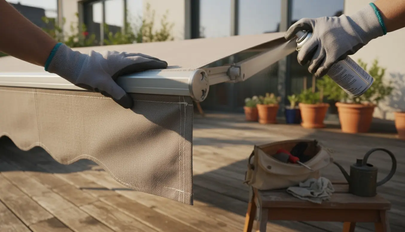 Nærbillede af hænder, der justerer en udendørs markisedug og smører armens hængsel på en terrasse.