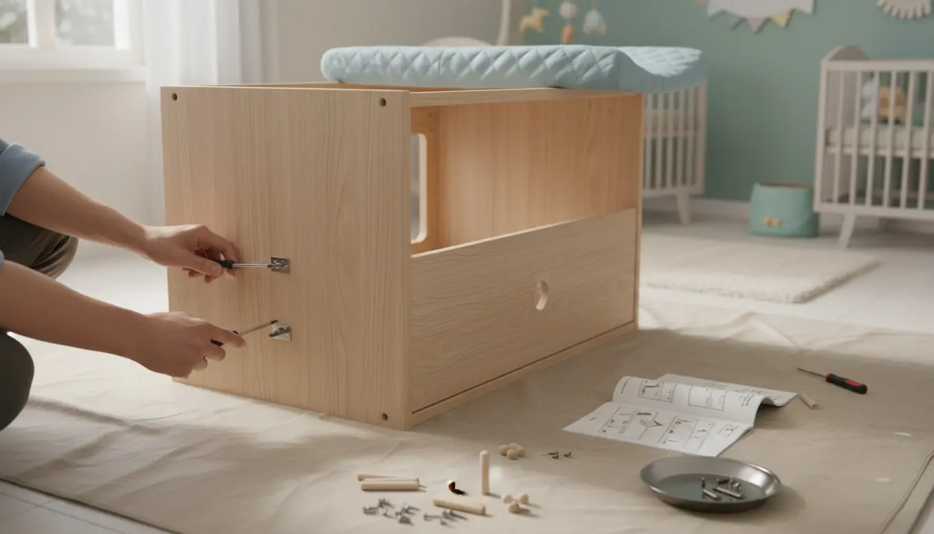 Nærbillede af hænder, der samler en lys træpuslekommode med værktøj og dele i et lyst børneværelse.