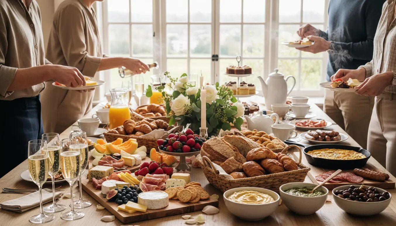 Hyggeligt brunchbord med champagne, frugt, brød, ost, charcuteri og kager i blødt dagslys.
