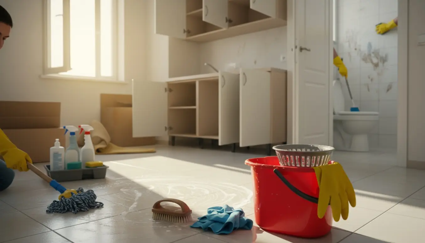 Handsken og skrubbebørsten i forgrunden, mens gulv og fliser rengøres i en solbeskinnet ét-værelses lejlighed efter flytning.