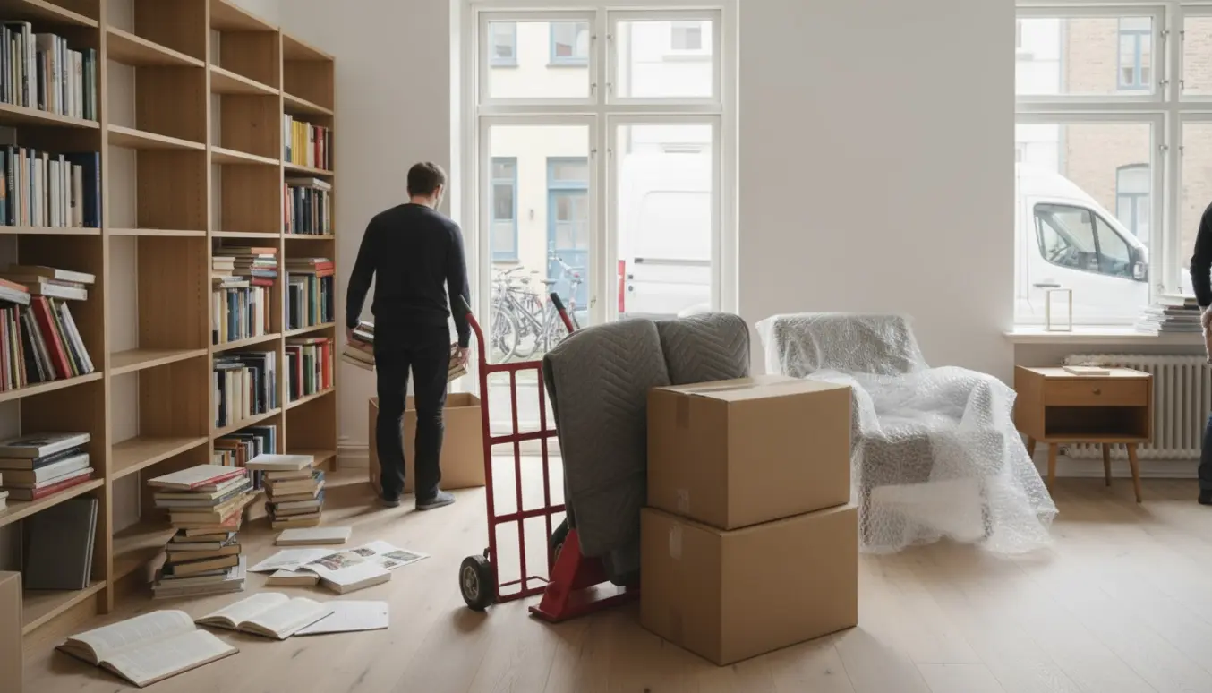 Solbelyst Amager-lejlighed med halvfyldte bogreoler, flyttekasser og flytteudstyr klar til afhentning.