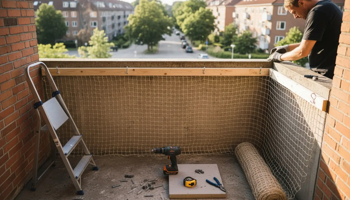 Delvist opsat kattenet på en beton- og murstensaltan med trælægter, kroge og værktøj i dagslys.