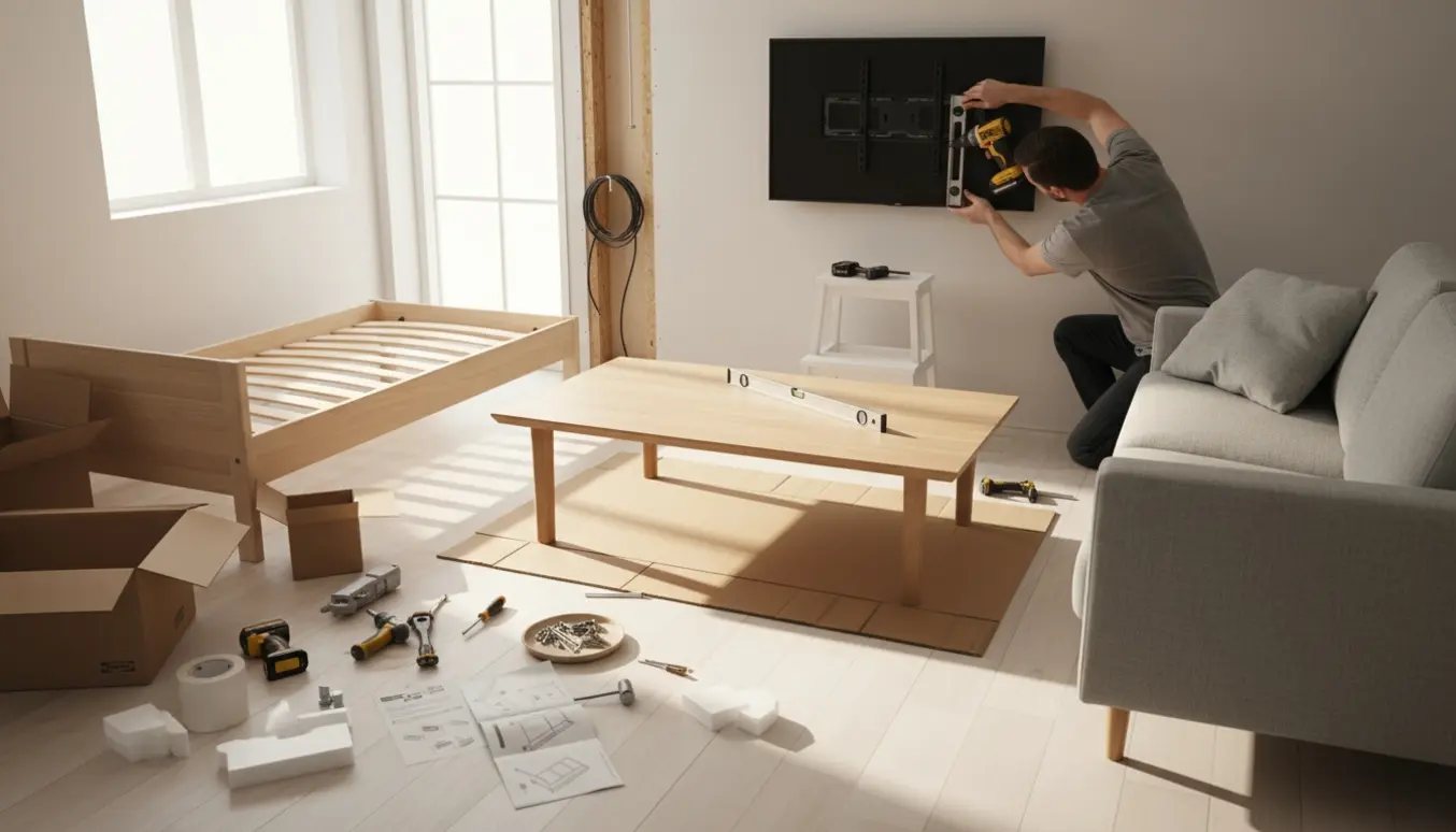 Hænder monterer en seng, sofa og sofabord, mens et fjernsyn bliver ophængt i en lys stue.