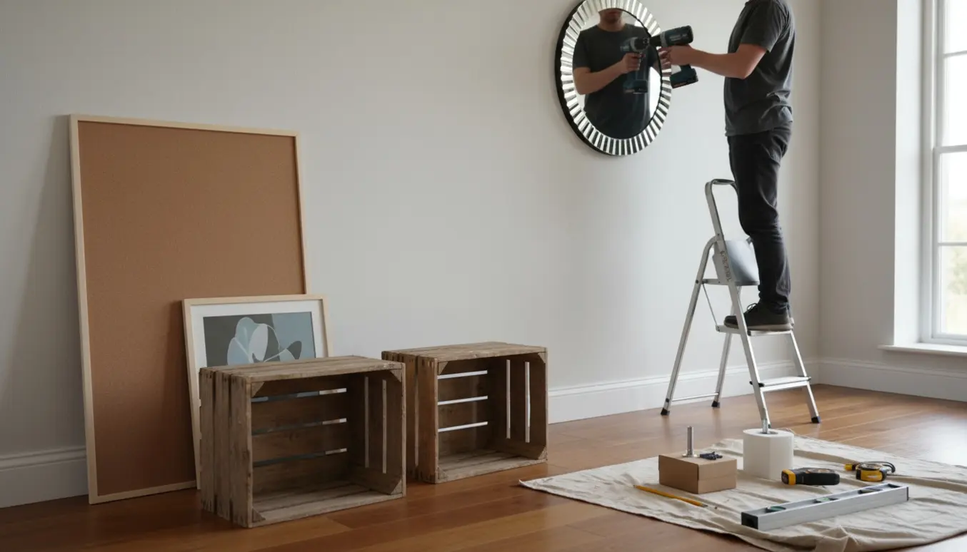 Person på stige hænger et stort spejl op, mens opslagstavle, billede, to trækasser og værktøj ligger klar.