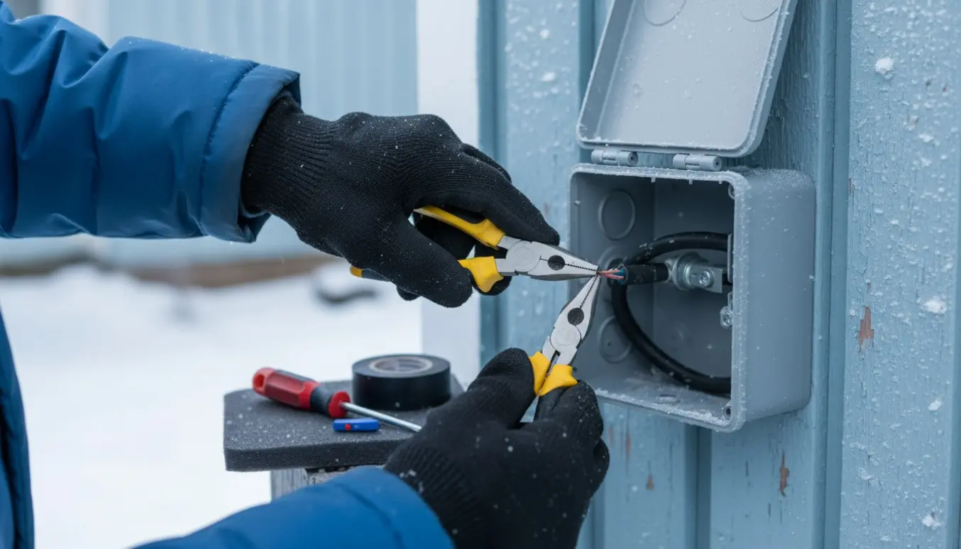 Nærbillede af handske‑klædte hænder, der afmonterer et udendørs elkabel fra en vejrbeskyttet koblingsboks i vinterlys.