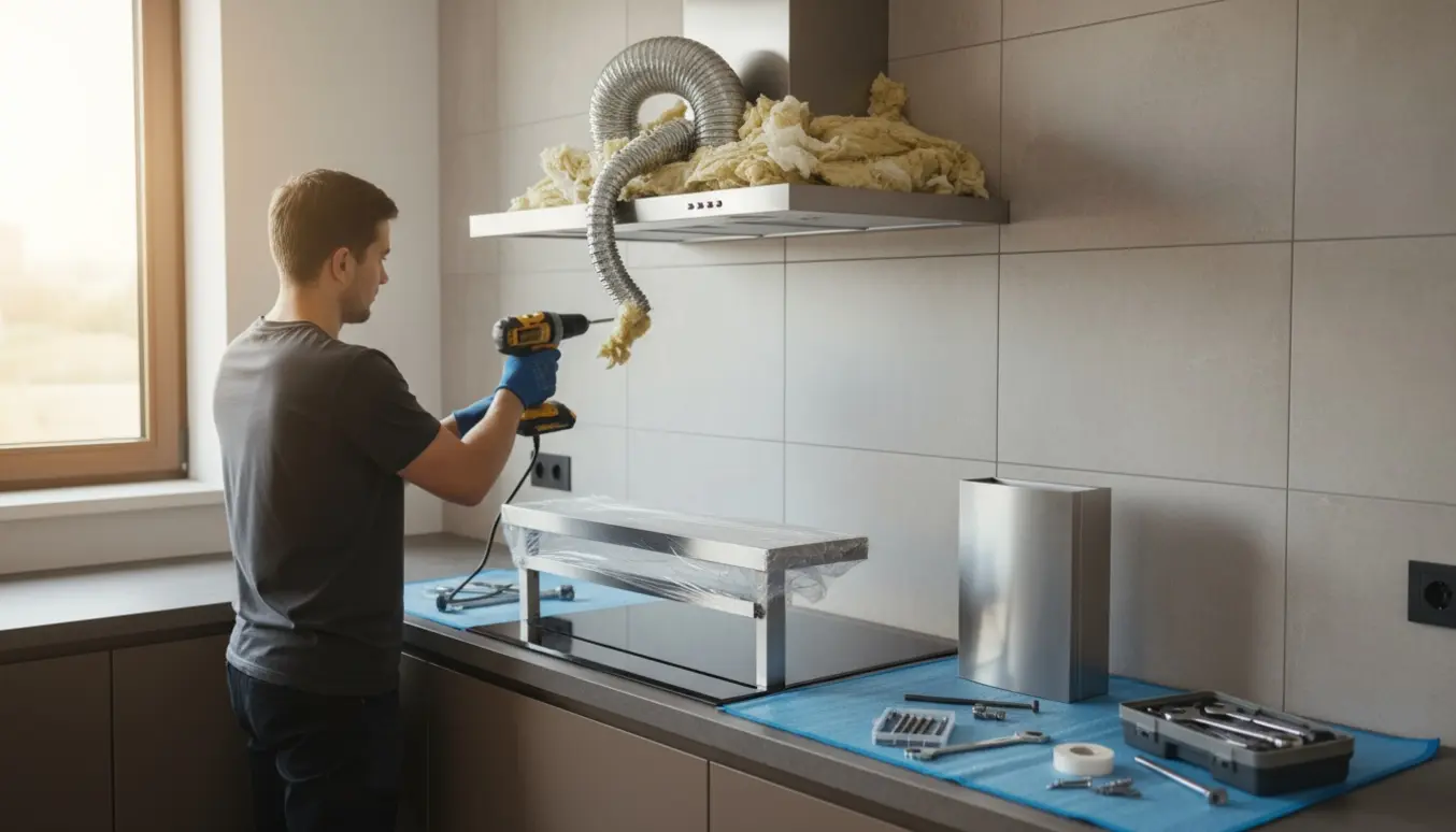 Delvist fjernet gammel emhætte og ny rustfri emhætte med pop-up downdraft klar til montering i et lyst køkken.