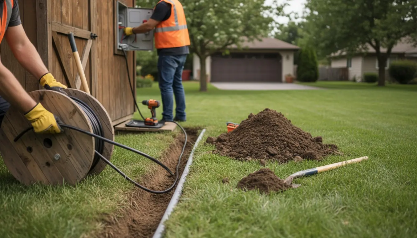 En person lægger elkabel i en grav fra garage til brændeskur med kabeltromle og værktøj.