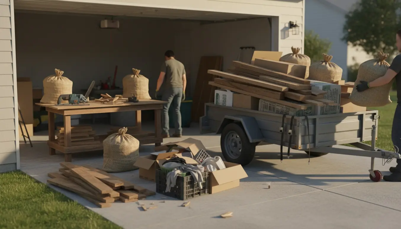 Åben garage og trailer hvor træ, pap og blandet affald bliver sorteret i sække og læsset.