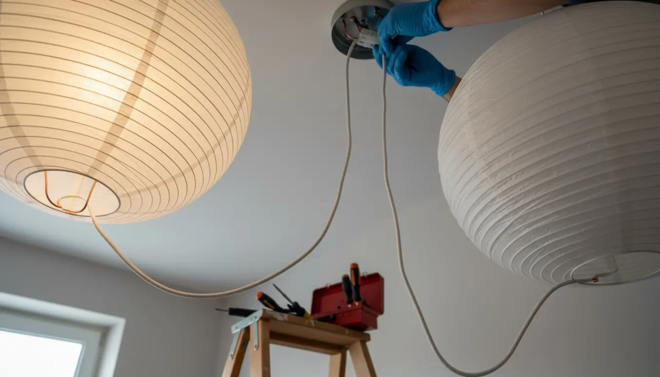 Hænder tilslutter to rispapirlamper til samme loftsudtag med værktøj på en stige.