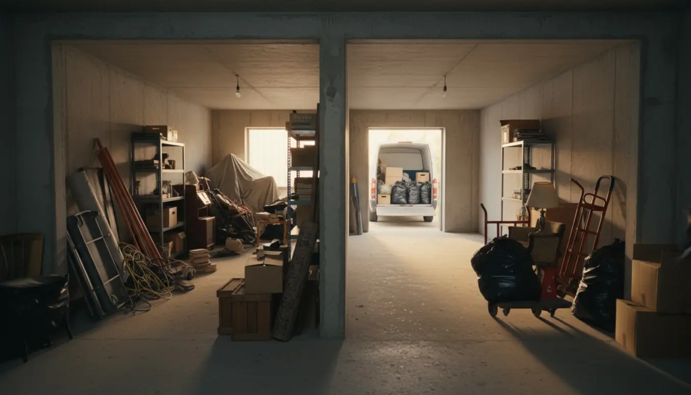 To kælderrum under oprydning med møbler, sække og en varevogn udenfor klar til afhentning.
