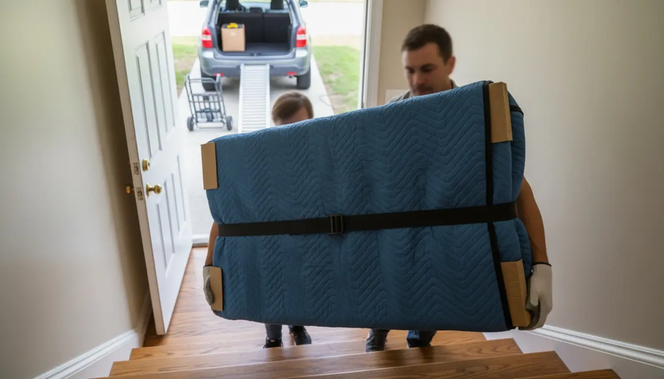 To personer bærer et stort fladskærms-tv ned ad en trappe mod en åben bils bagagerum, beskyttet af flyttetæpper og handsker.
