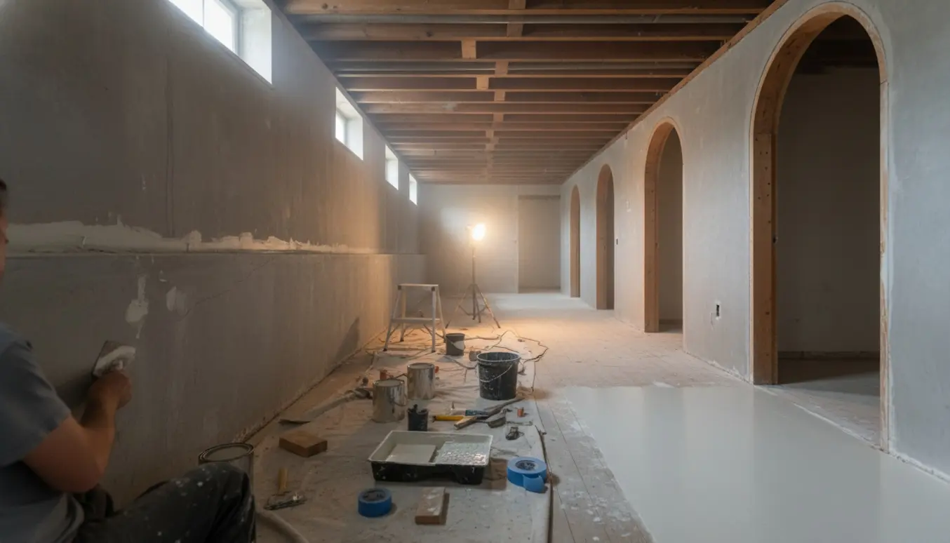 Håndværker pudser væg og maler gulv i en ældre kælder med malerværktøj og afdækning.