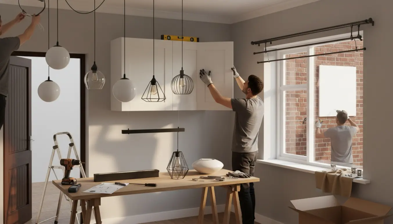 Håndværkere monterer lamper, hænger et køkkenskab op og opsætter gardinskinner i et lyst hjem.