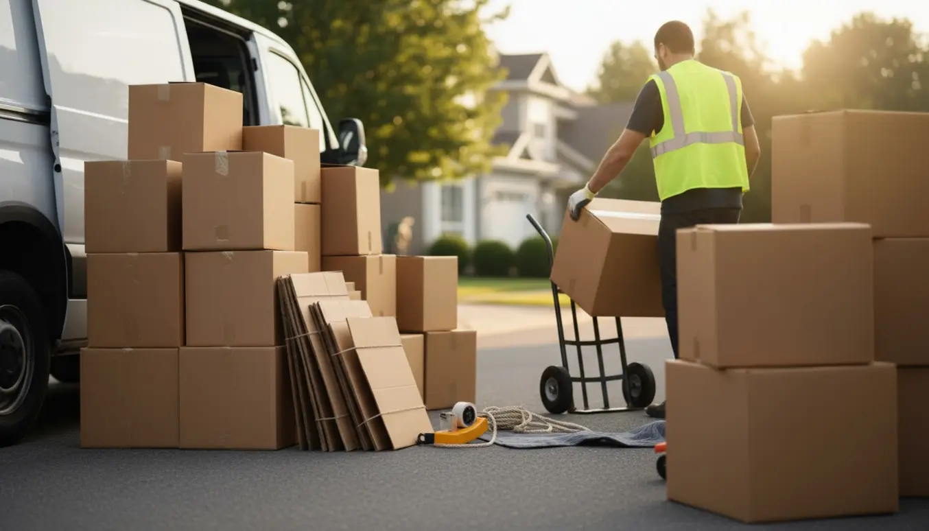 Stak flyttekasser og bundter pap ved en åben varevogn klar til afhentning.