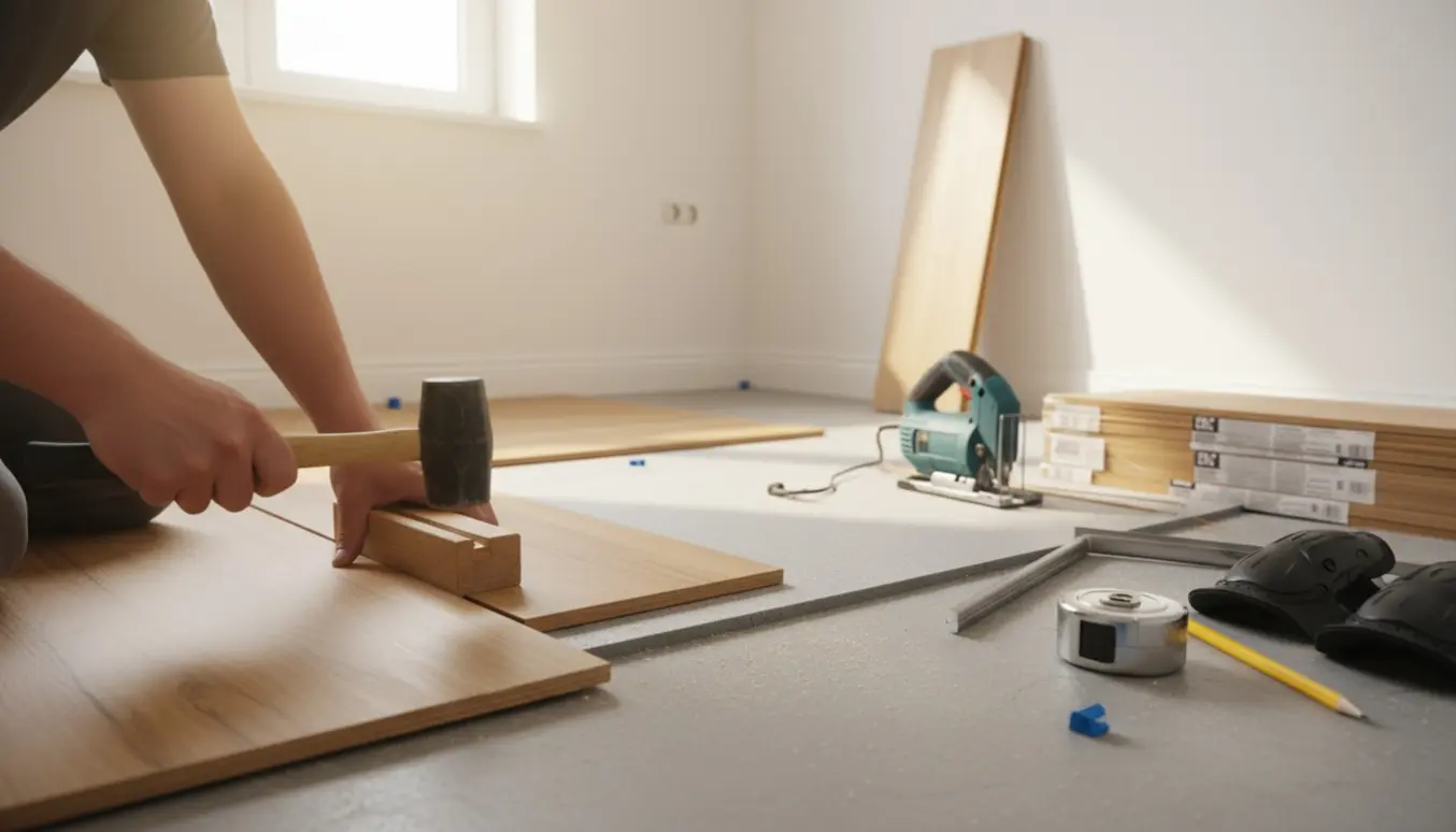 Nærbillede af installation af svømmende trægulv med click-system, tapping block og underlag i et lyst værelse.