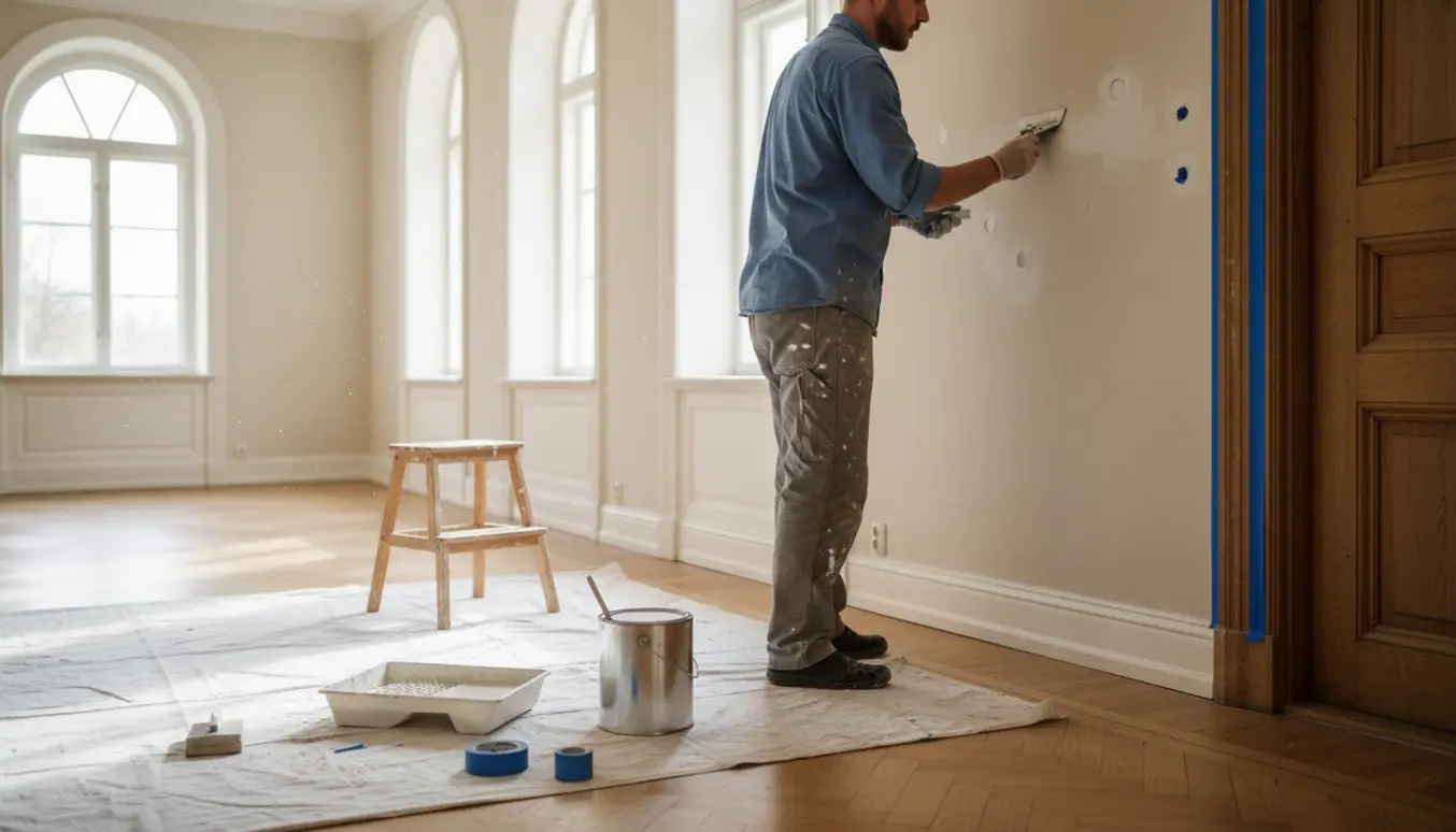 Håndværker spartler og maler huller i væggen i en gammel murermestervilla.