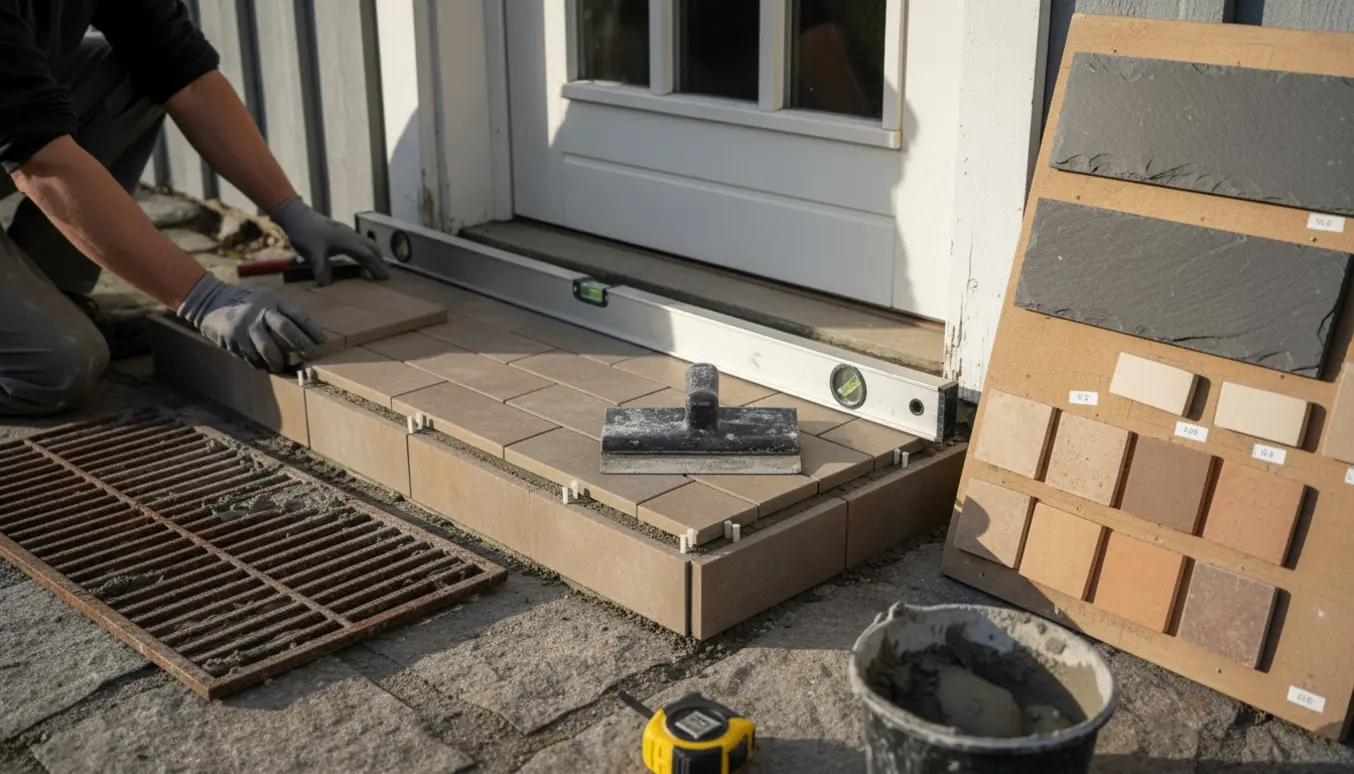 Nymuret lille trin med fliser foran hoveddør, værktøj og skiferprøver ved siden af.