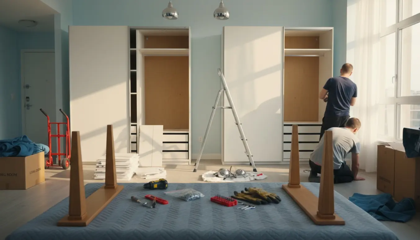 Delvist nedtagne IKEA PAX-garderober og et spisebord med aftagne ben i et lyst rum omgivet af værktøj og flytseudstyr.