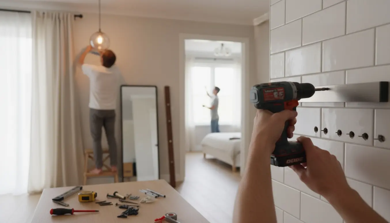 Hænder monterer en knivmagnet på fliset væg i et lyst hjem med gardiner, knagerække og spejl i baggrunden.