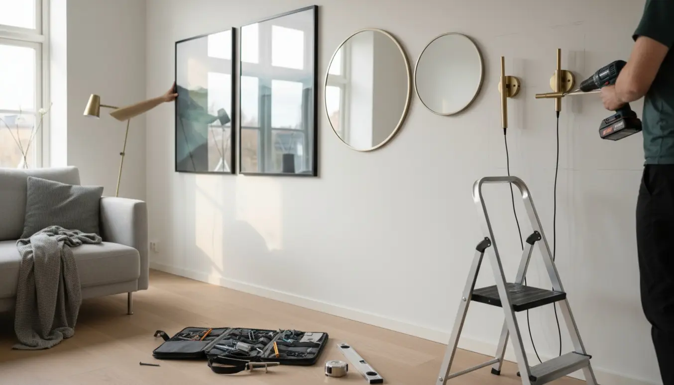 Hænger to billeder, tre væglamper og to spejle op i en lys, skandinavisk stue med værktøj og hænder synlige, ingen ansigter.