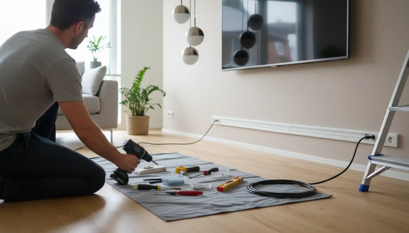 Håndværker monterer lamper og skjuler tv-kabler i en moderne stue med kabelkanal.
