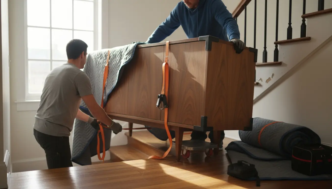 To personer flytter en stor træskænk op ad en lille trappe i et lyst hjem, uden synlige ansigter.
