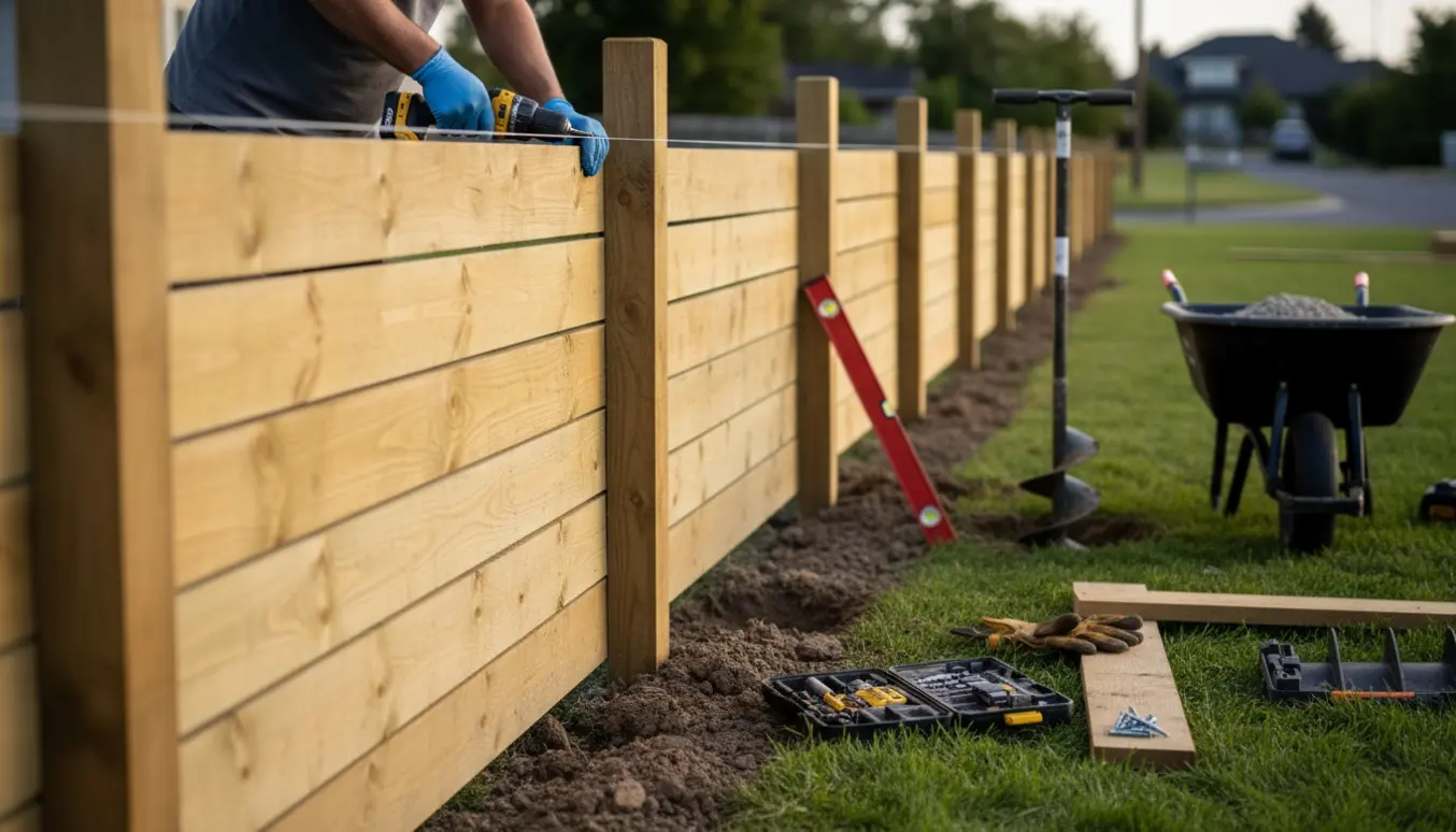 Nyt træhegn under opsætning langs naboskel med værktøj i forgrunden.