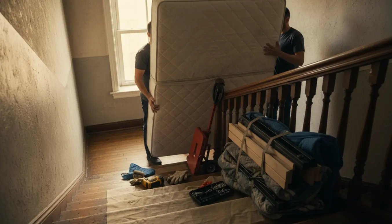 To personer bærer en stor madras og sammenlagte sengedele ned ad en lejlighedstrappe med værktøj og flyttetæpper omkring dem.