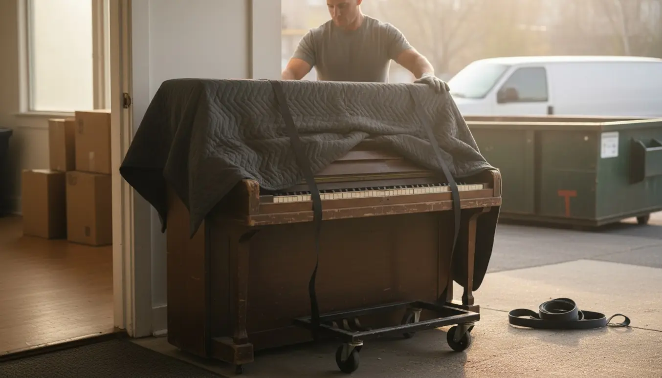 Et klaver på trillebånd dækket af flyttetæpper bliver flyttet ud fra en stuelejlighed til fortovet.