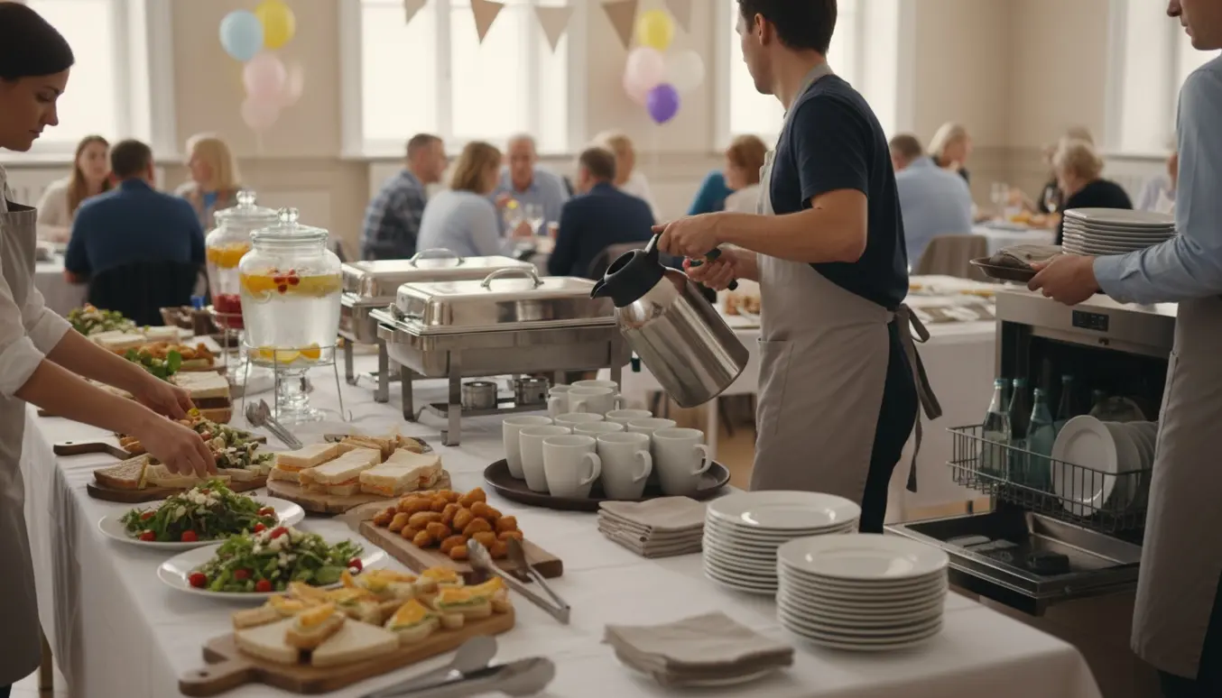 To hjælpere anretter og fylder op ved en fødselsdagsbuffet med kaffe, drikkevarer og en åben opvaskemaskine i et lyst lokale.