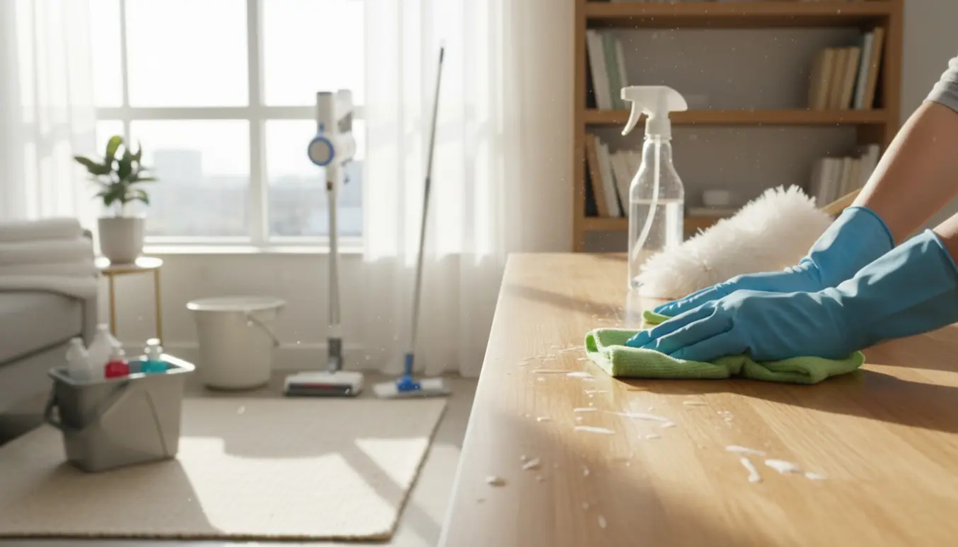 Hænder i gummihandsker aftørrer en bordplade og støver af i et lyst, ryddeligt hjem under hovedrengøring.