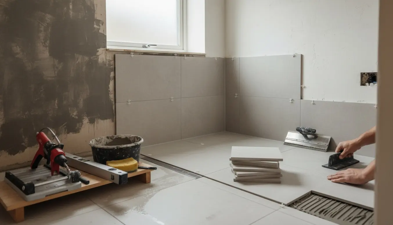 Lille 3 m² badeværelse under renovering med vådrumsbehandling, frisk puds og nye væg- og gulvfliser.