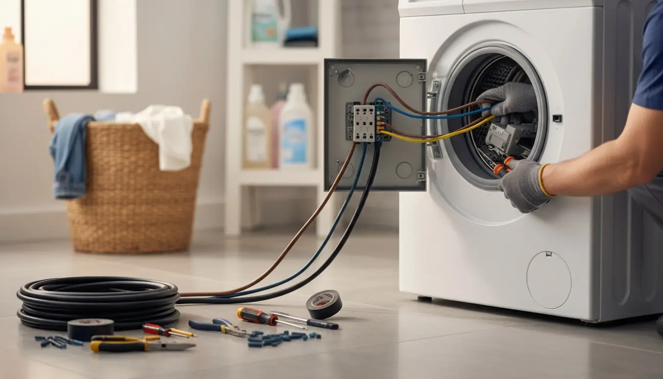 Handskerede hænder forlænger strømledninger på bagsiden af en vaskemaskine i et lyst bryggers.