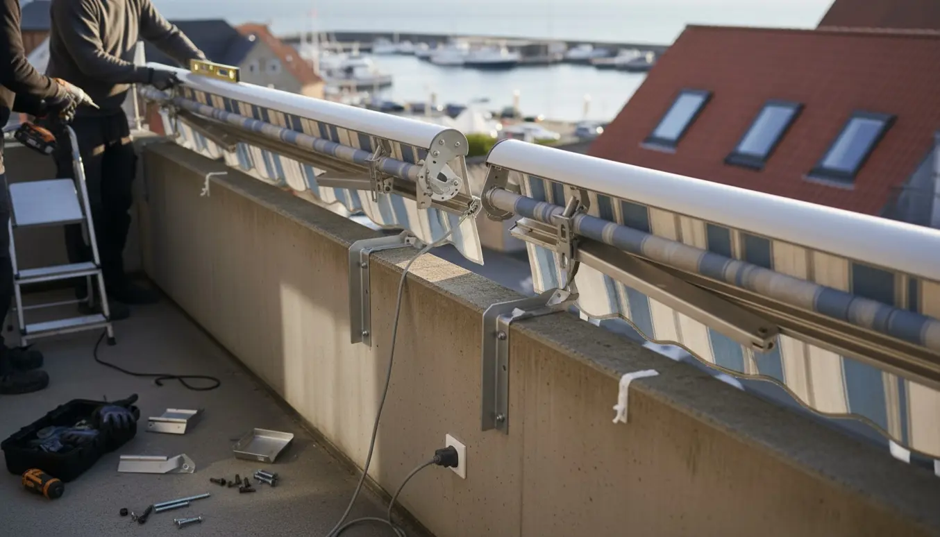 To elektriske markiser monteres på en altan i Rungsted med værktøj og strømtilslutning.