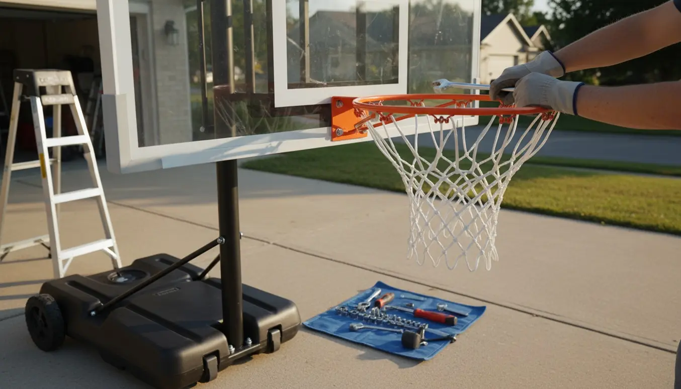 Samling af en stor basketballkurv på stativ i en indkørsel, tæt på hænder og værktøj.