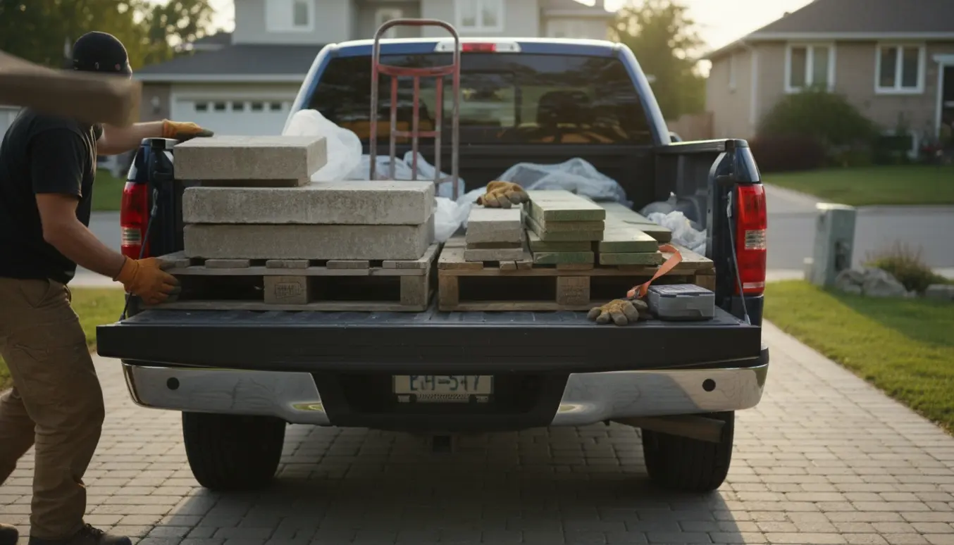 To paller med gamle fliser, trykimprægneret træ og plastik på en varebil klar til afhentning.