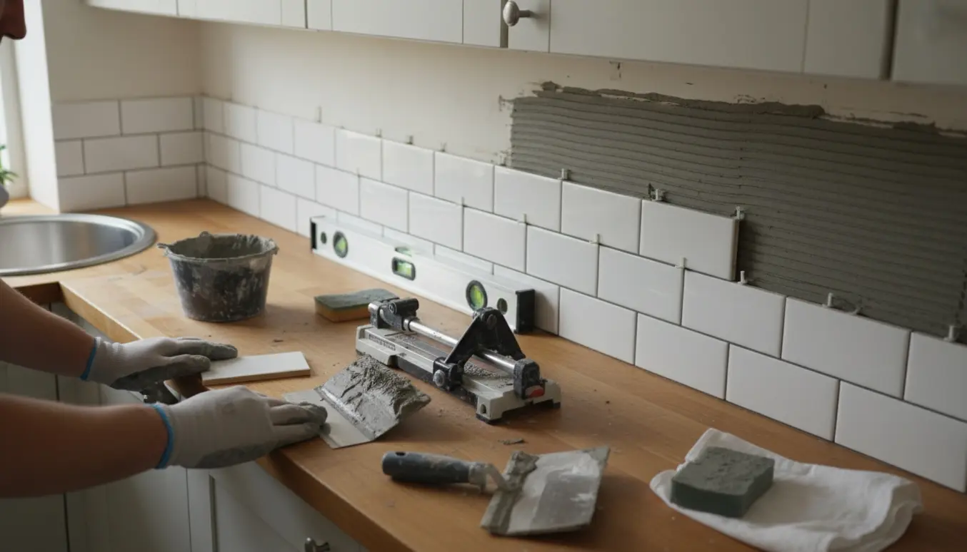 Fliseopsætning i køkkenets bagpanel langs et 2 meter langt bord med værktøj og hænder i arbejde.