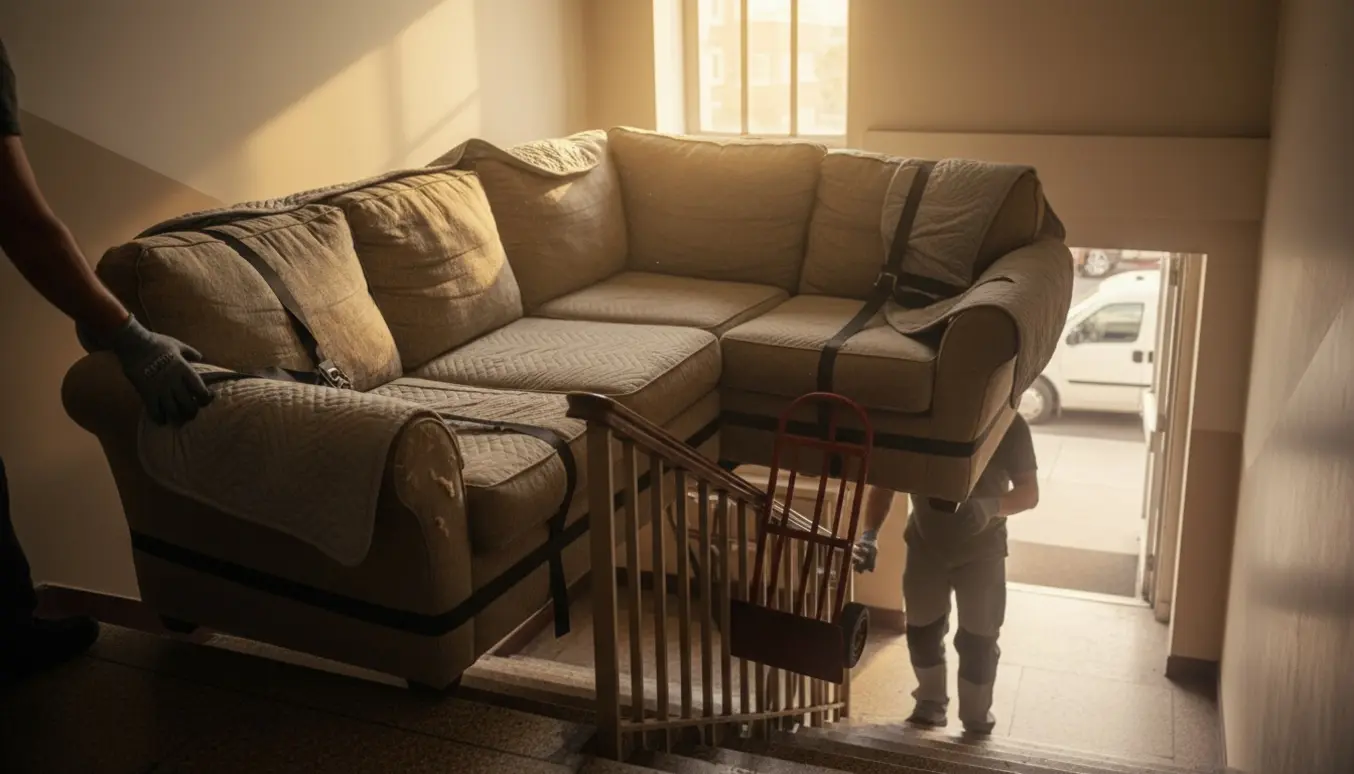 To flyttemænd bærer en gammel hjørnesofa ned ad en opgang mod en ventende flyttebil.