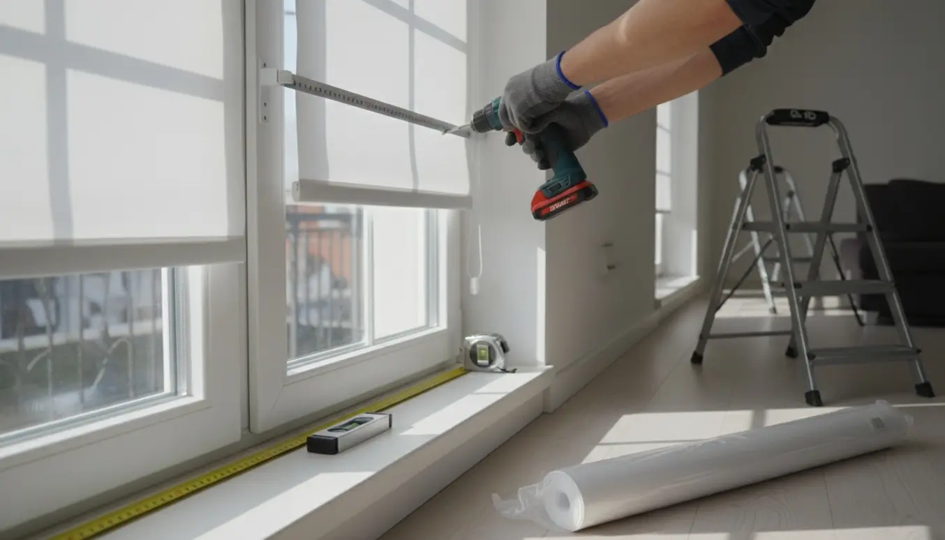 Hænder monterer det tredje af fire hvide rullegardiner ved et lyst vindue med bor og beslag.