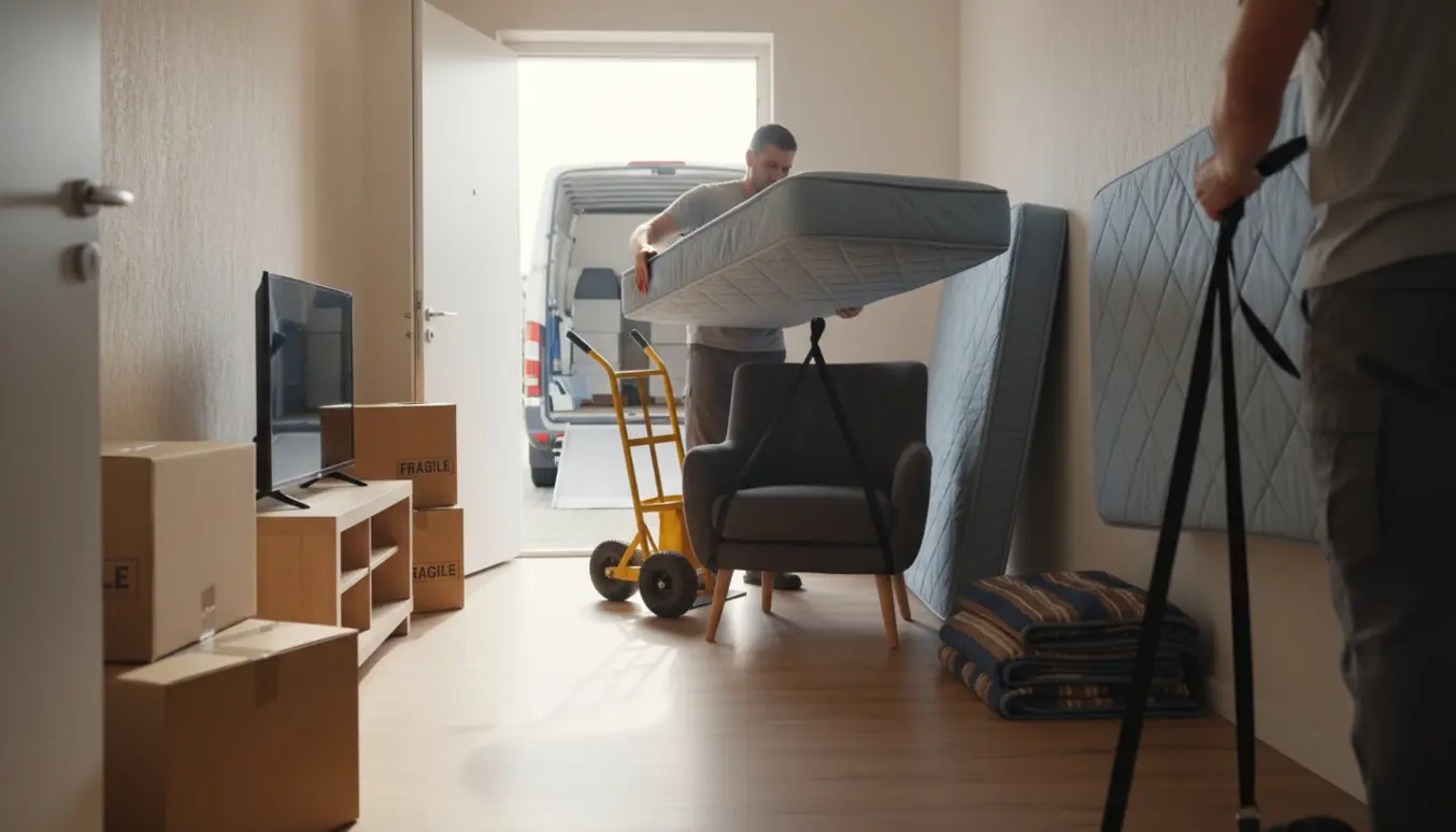 To hjælpere bærer to 90 cm ramme-madrasser, en lænestol, tv og flyttekasser ud af en lys lejlighed.