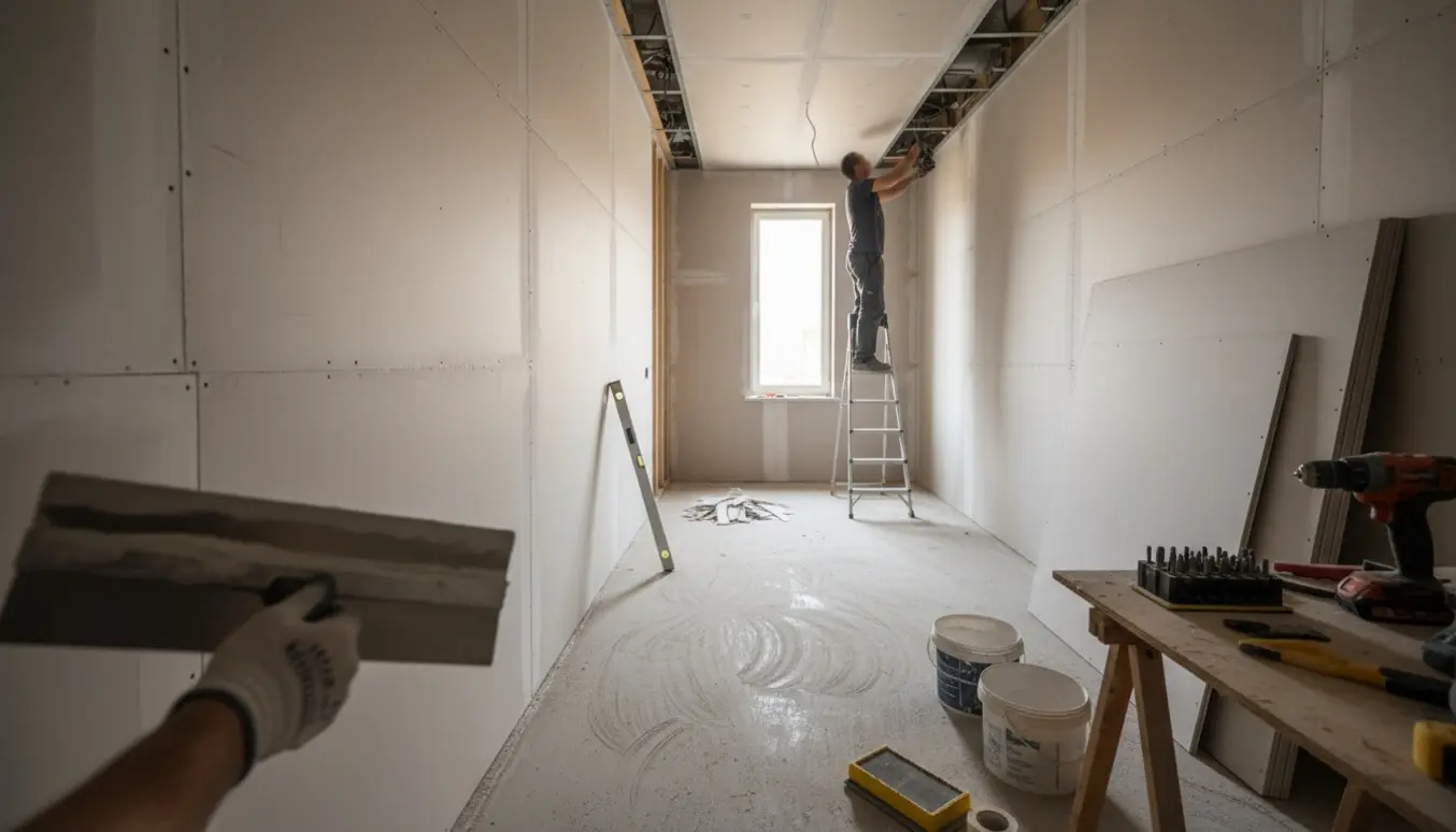 Smalt rum på cirka 4 x 2 meter med støbt betongulv og gipsplader monteret på vægge og loft, værktøj og stillads til installation.