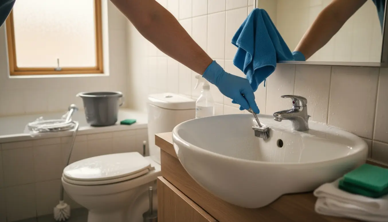 Gummihandsker skrubber fuger og afkalker toilet, vask og armaturer i et lyst badeværelse.