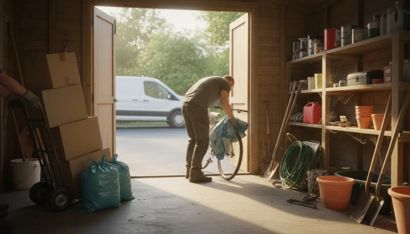 Åbent redskabsskur med flyttekasser, sække og handsker klar til afhentning.